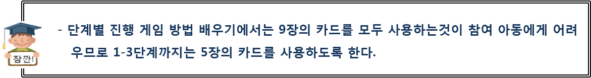 단계별 진행 게임 방법 배우기에서는 9장의 카드를 모두 사용하는것이 참여 아동에게 어려우므로 1-3단계까지는 5장의 카드를 사용하도록 한다.